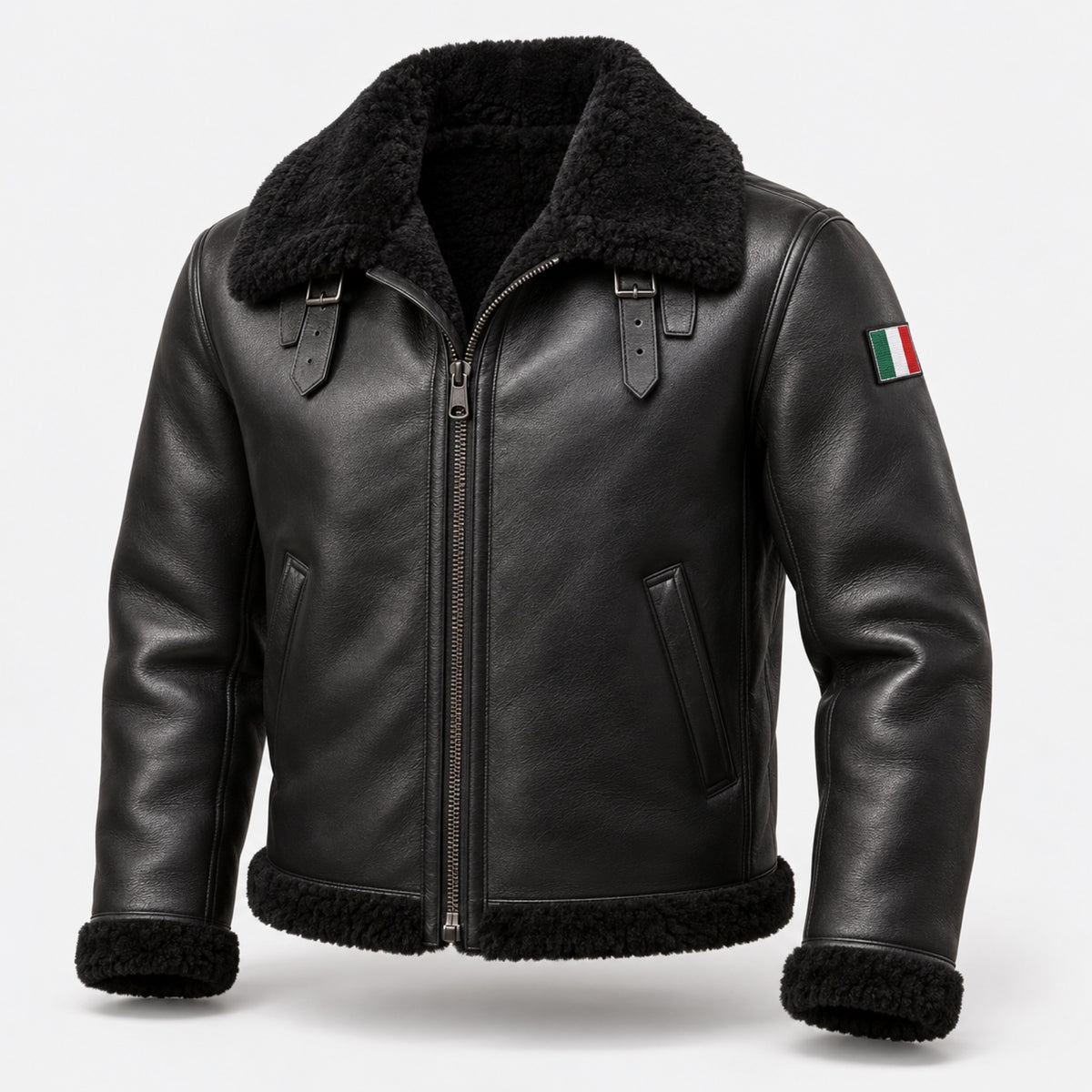 The Era Country B-3, a black nappa shearling flight jacket, front view with the Italian flag patch on the left sleeve