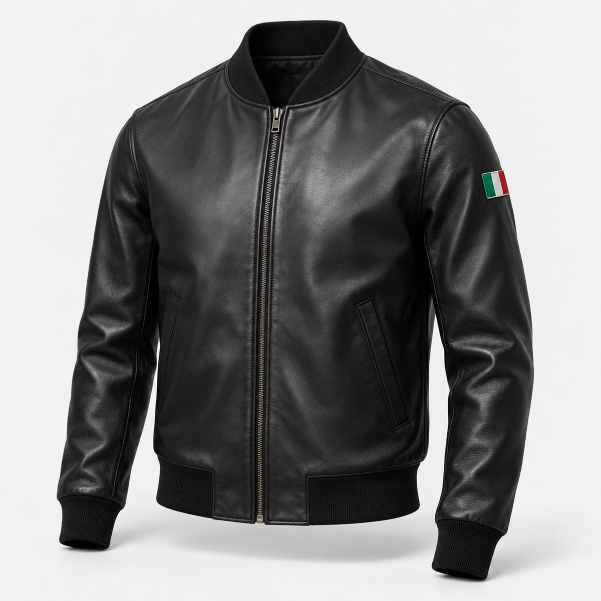 The Era Country Jacket, a black nappa leather bomber, front view with the Italian flag patch on the left sleeve
