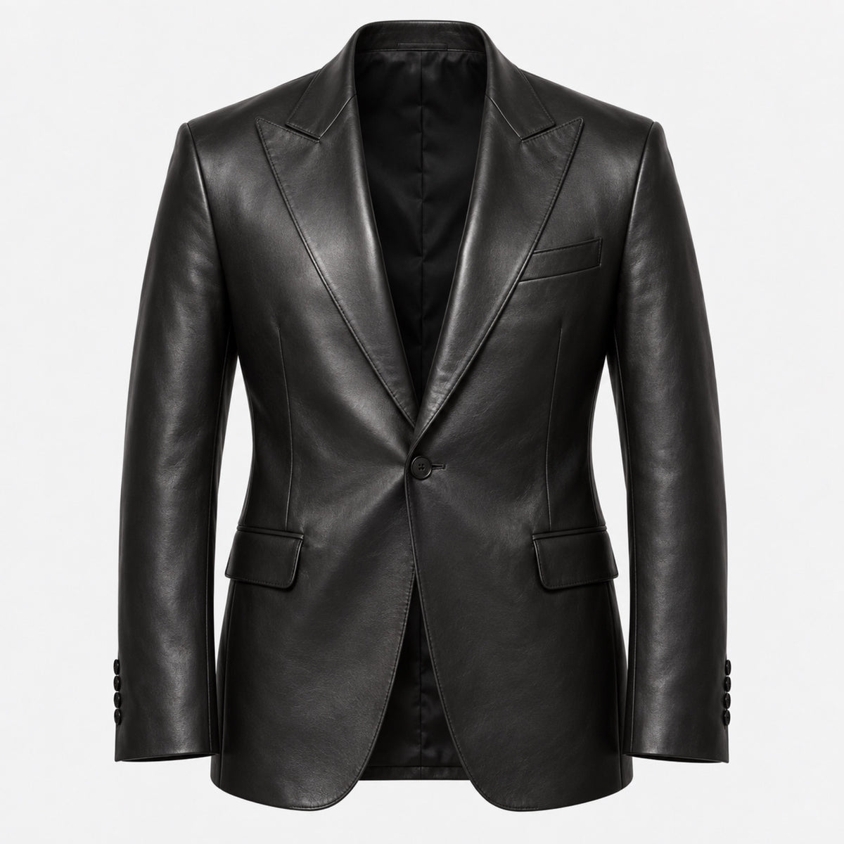 The Era Country Suit Jacket, a tailored black nappa leather suit jacket with peak lapels, front view